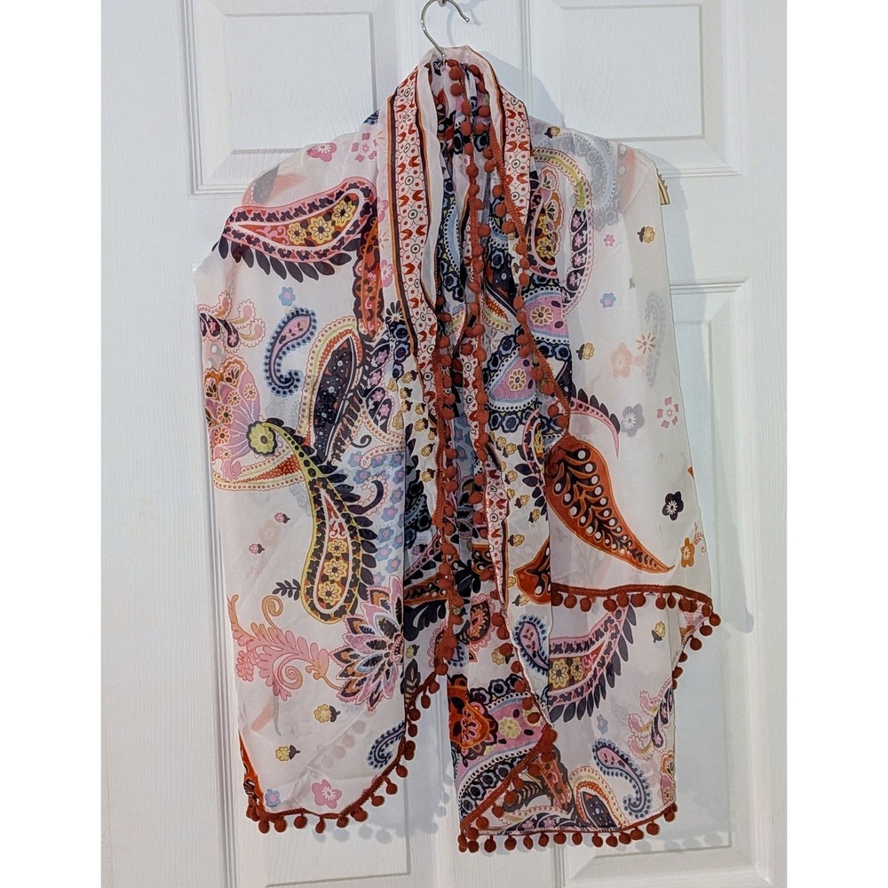Harvé Benard Paisley Pom Pom Scarf Shawl Wrap‎ Cover Up Boho Festival NWT